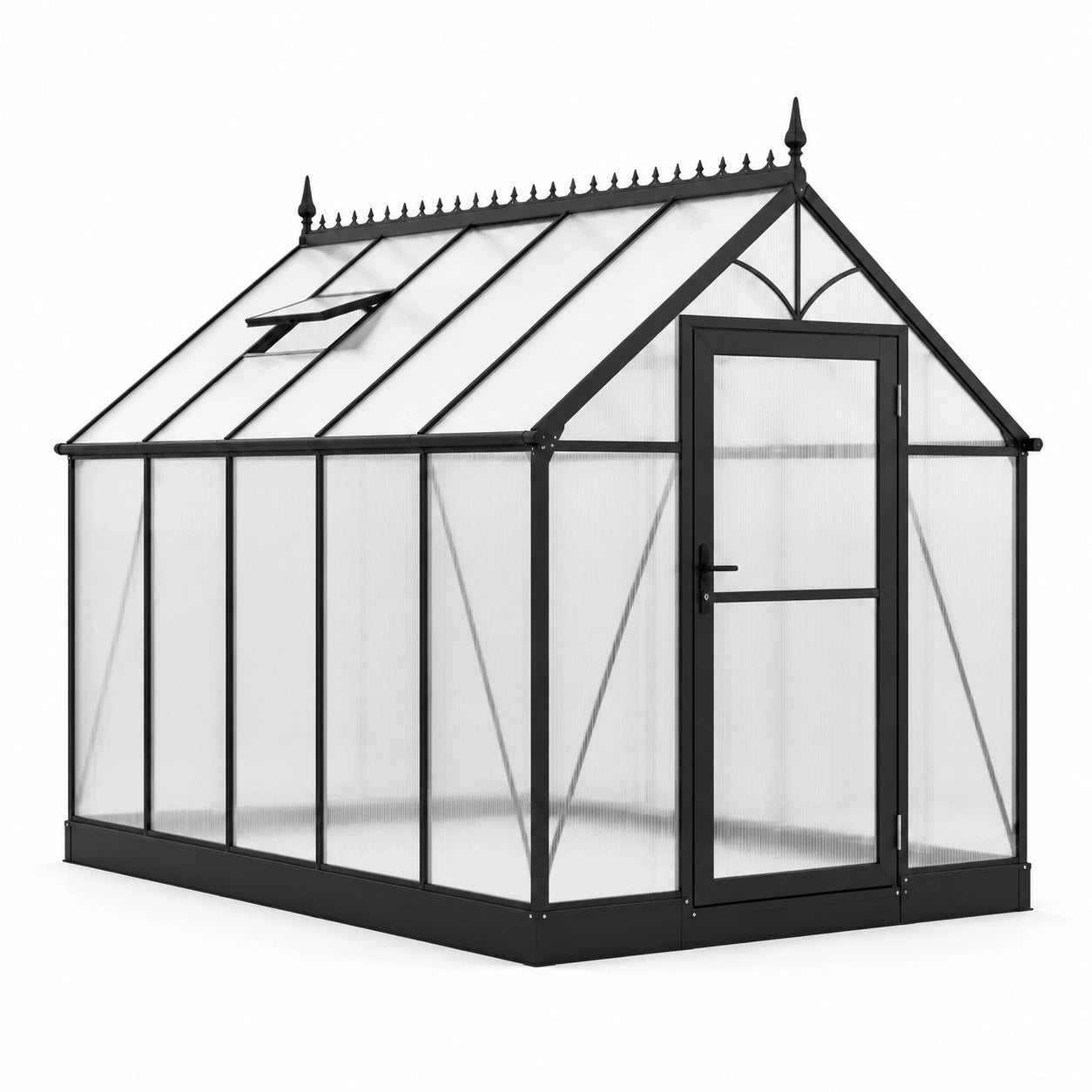 Serre de jardin victorienne en aluminium noir et polycarbonate translucide, 250 x 190 x 220 cm, avec porte et lucarne