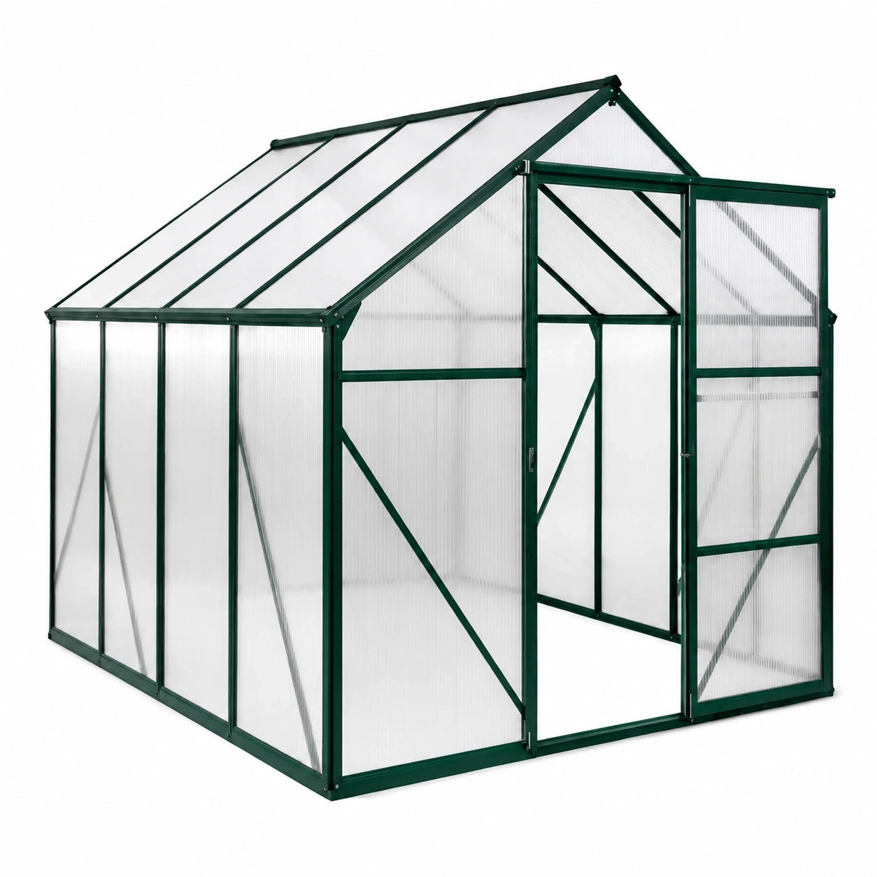Serre de jardin en aluminium vert et polycarbonate transparent, 250 x 190 x 195 cm, avec porte battante et lucarne de toit