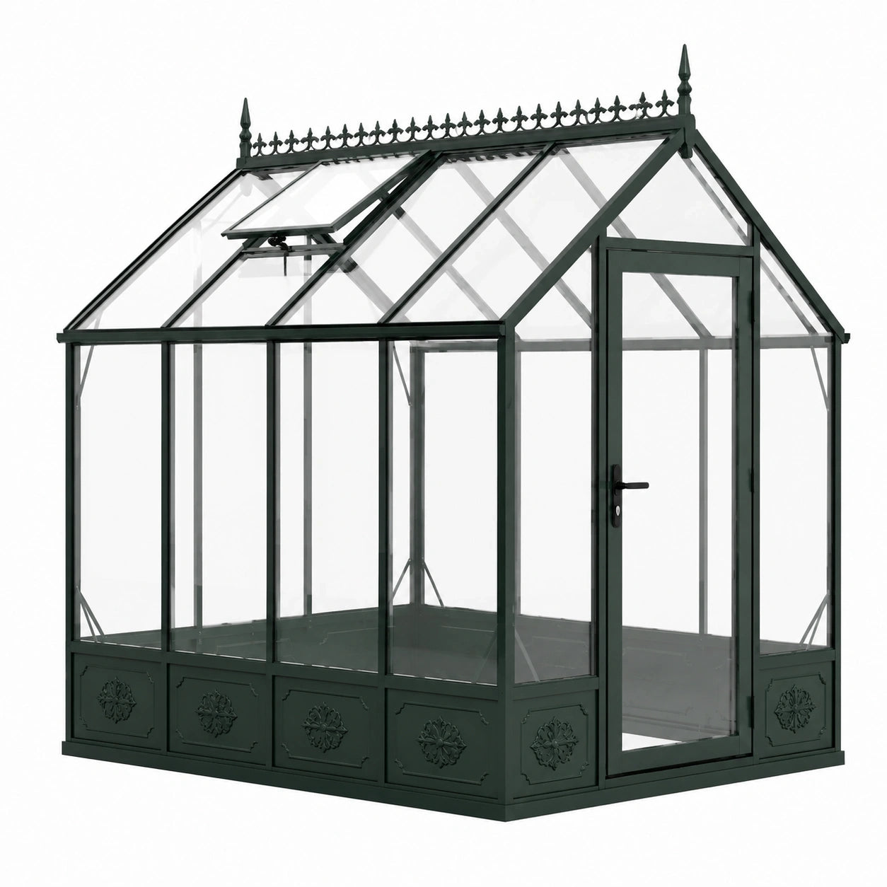 Serre de jardin victorienne 250 x 190 x 230 cm, structure métallique vert foncé, panneaux transparents, porte et lucarne