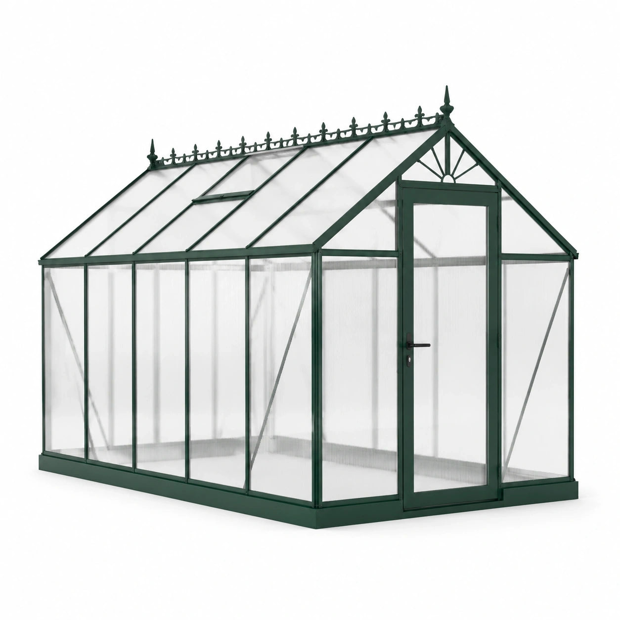 Serre de jardin en aluminium vert et polycarbonate translucide, 380 x 250 x 250 cm, avec porte et lucarne