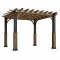 Pergola de jardin en bois brun et métal noir à toiture ajourée, 365 x 305 x 240 cm