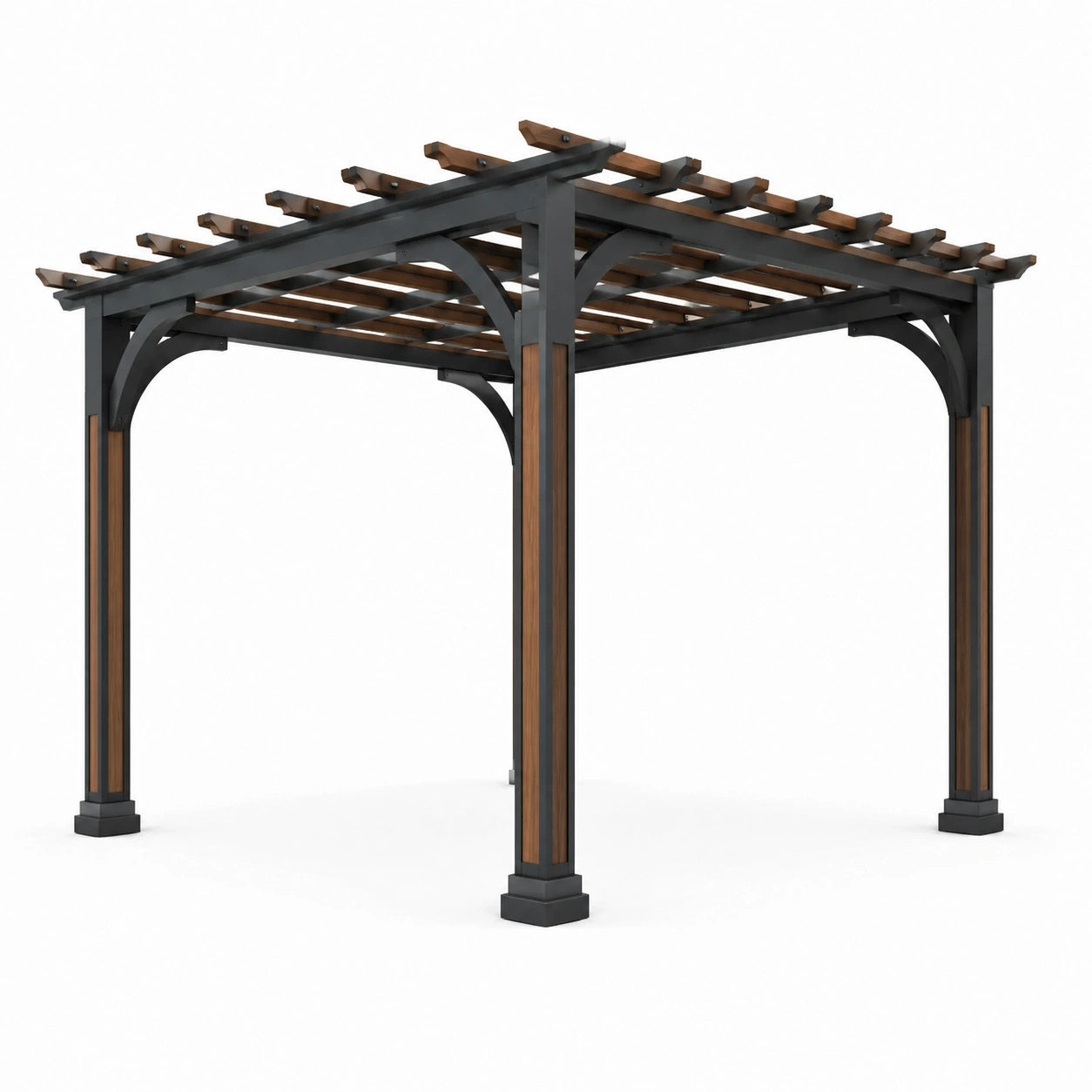 Pergola autoportante en aluminium noir et brun effet bois avec toit ajouré, 300 x 300 x 250 cm