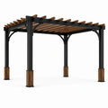 Pergola de jardin à toit ajouré, métal noir et finition effet bois brun, 400 x 300 x 270 cm