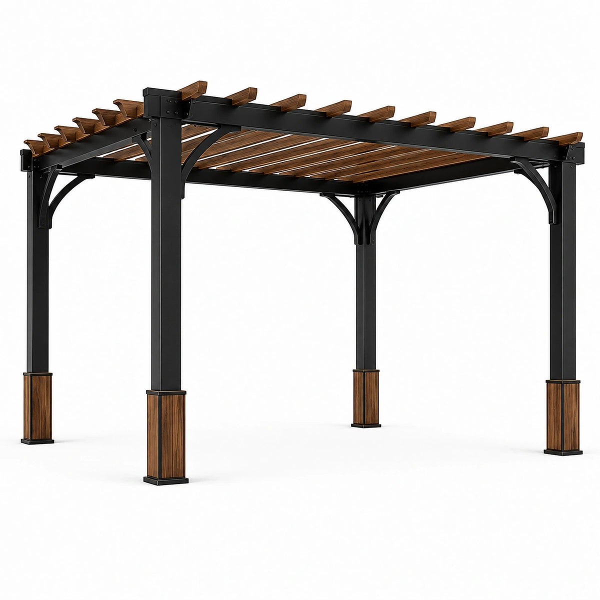 Pergola de jardin à toit ajouré, métal noir et finition effet bois brun, 400 x 300 x 270 cm