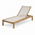 Bain de soleil en bois naturel et toile beige, dossier inclinable, 200 x 65 x 35 cm