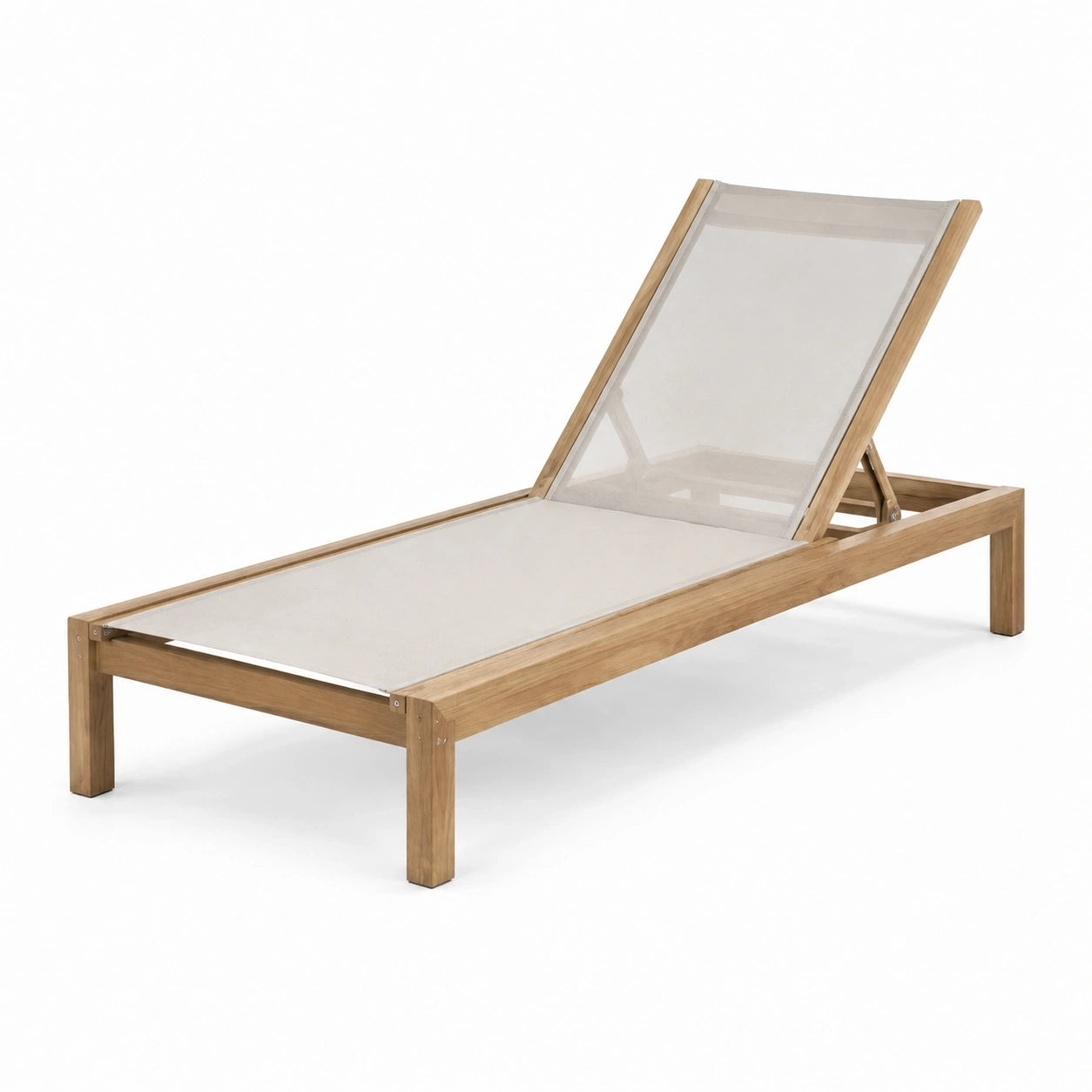 Bain de soleil en bois naturel et toile beige, dossier inclinable, 200 x 65 x 35 cm