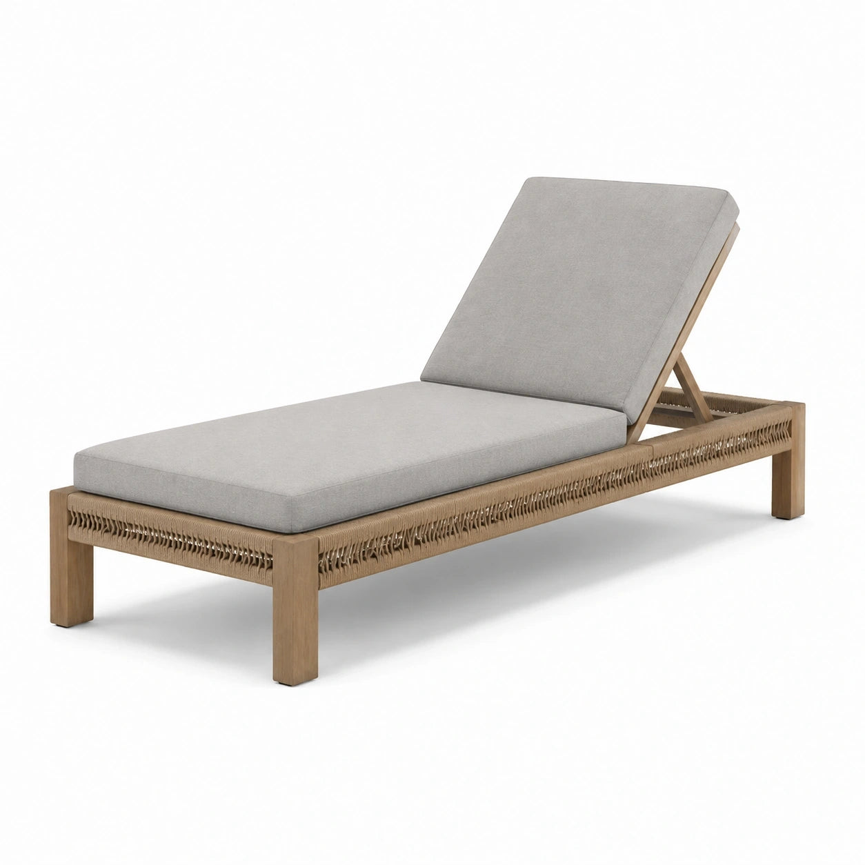 Bain de soleil inclinable en bois et corde tressée avec coussins, 200 x 75 x 90 cm, gris, beige et bois naturel