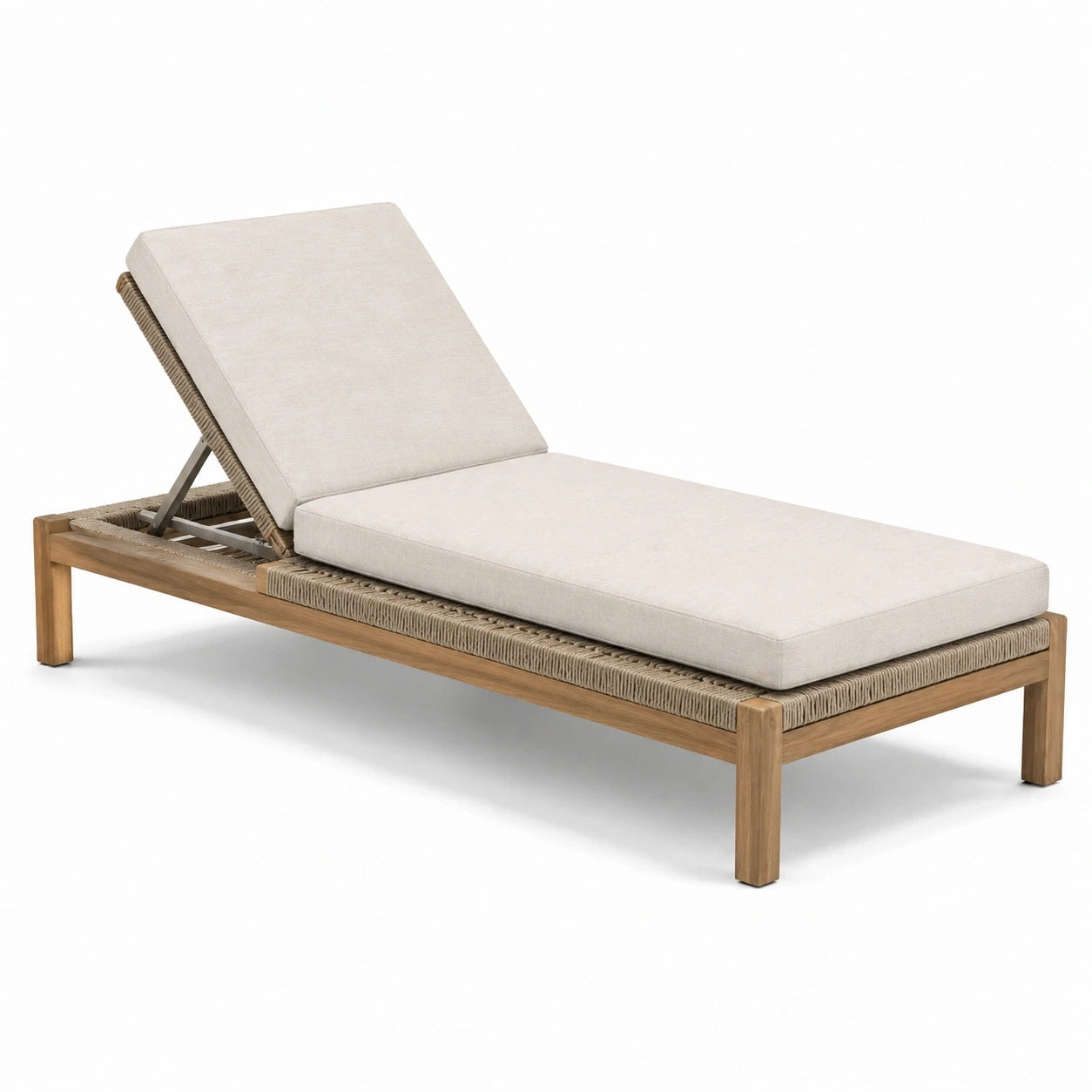 Bain de soleil en bois naturel et corde tressée taupe, coussins beiges et dossier réglable – 200 x 75 x 95 cm