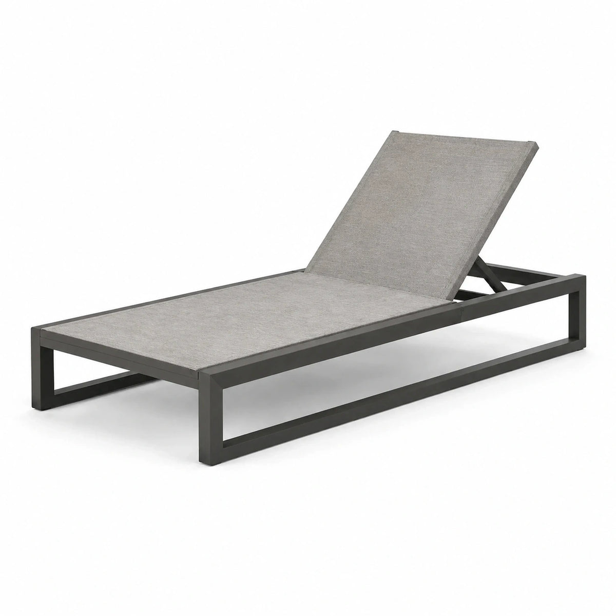 Bain de soleil en métal anthracite et toile grise avec dossier inclinable, 198 x 65 x 95 cm