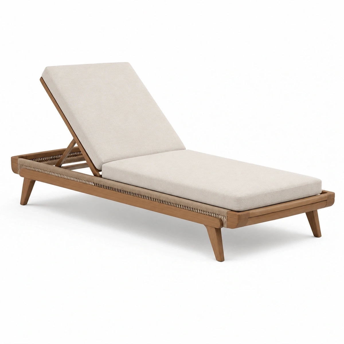 Bain de soleil inclinable en bois naturel avec coussins beiges, 200 x 75 x 90 cm
