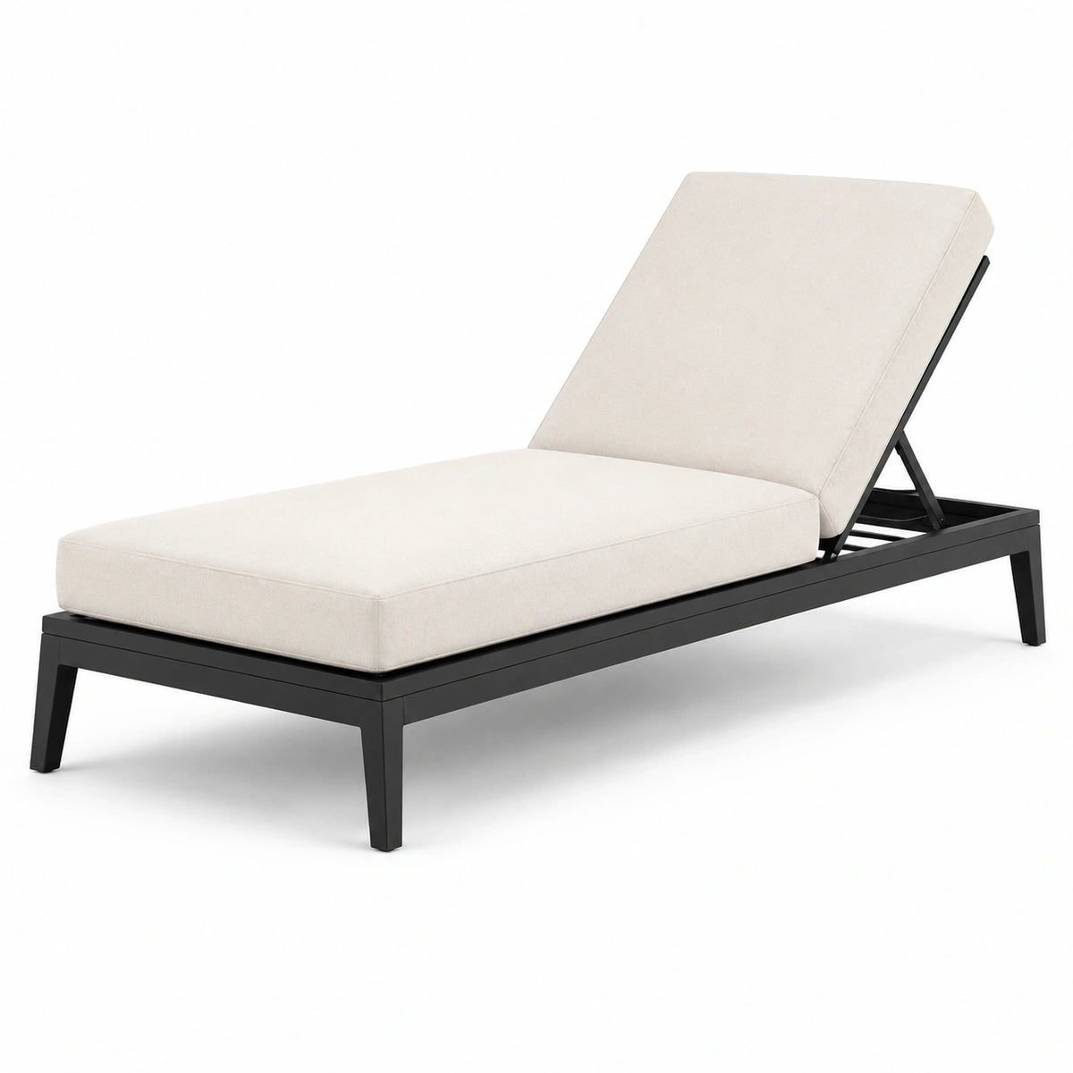 Bain de soleil à dossier inclinable, structure en métal noir et coussins écrus, 198 x 70 x 90 cm