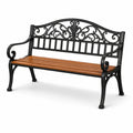Banc de jardin 2 places en bois brun et métal noir, 127 x 60 x 89 cm, style classique