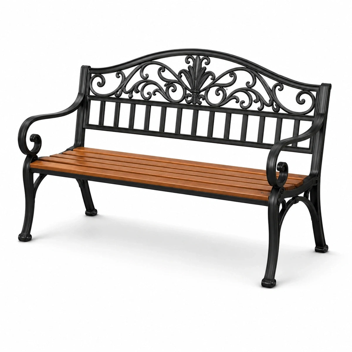 Banc de jardin 2 places en bois brun et métal noir, 127 x 60 x 89 cm, style classique