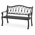 Banc de jardin 2 places en métal noir, 127 x 60 x 87 cm, dossier ajouré à motifs floraux