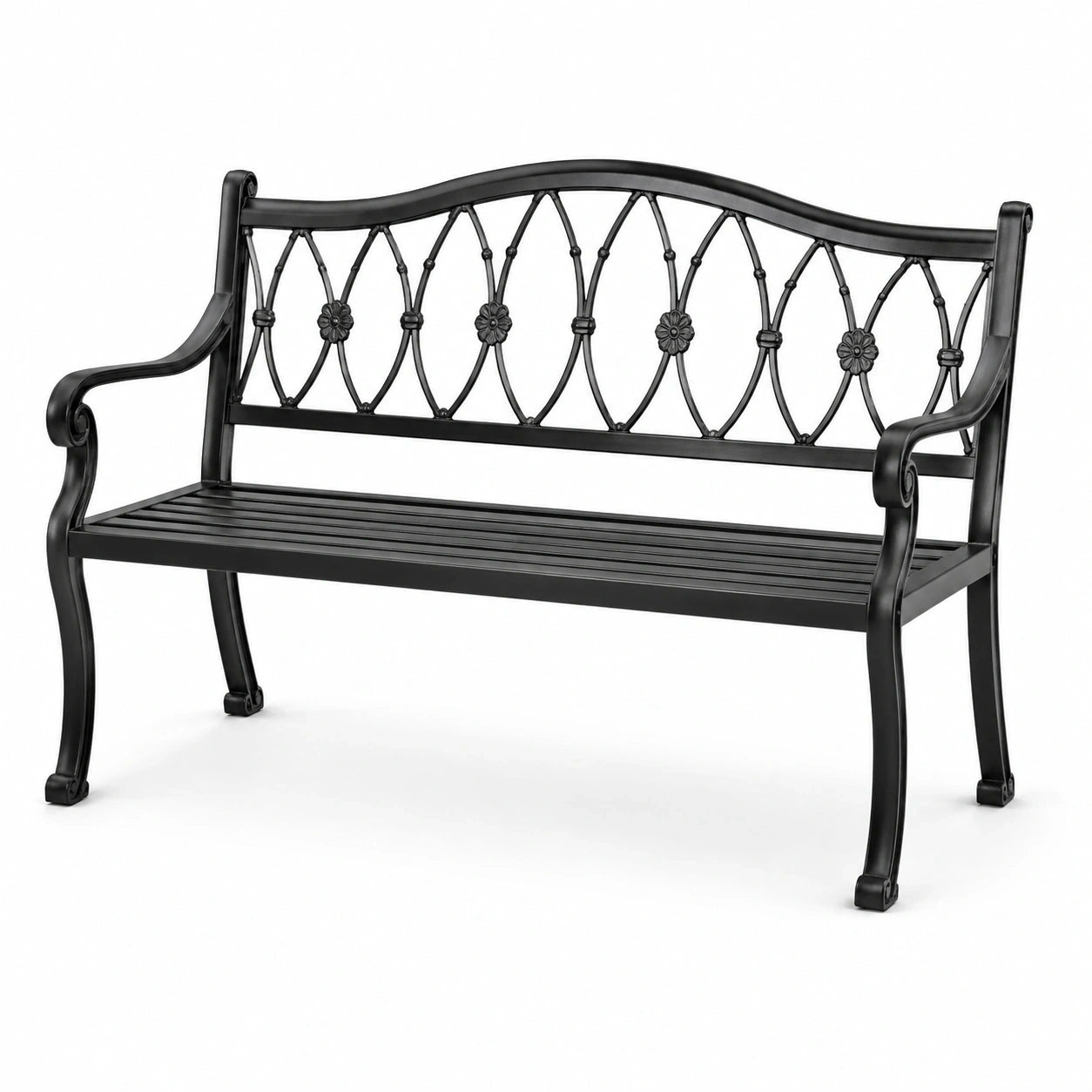 Banc de jardin 2 places en métal noir, 127 x 60 x 87 cm, dossier ajouré à motifs floraux