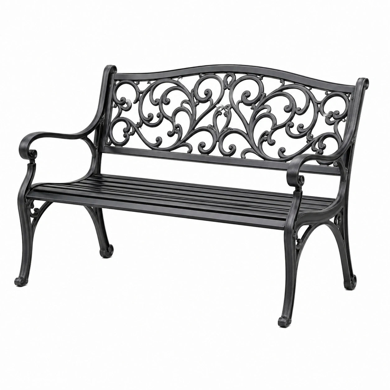 Banc de jardin 2 places en métal noir avec dossier ornemental – 127 x 60 x 87 cm