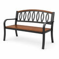 Banc de jardin 2 places en métal noir et bois brun, 127 x 60 x 87 cm, dossier décoratif