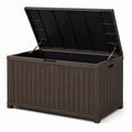 Coffre de rangement extérieur en résine marron et noire effet bois, 130 x 70 x 70 cm, couvercle assisté