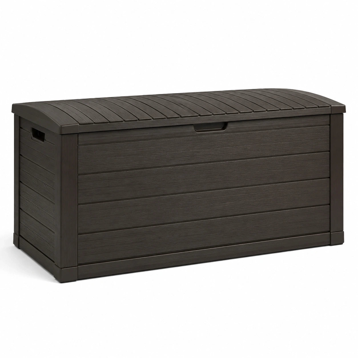 Coffre de rangement extérieur en plastique marron foncé effet bois avec couvercle, 120 x 56 x 63 cm