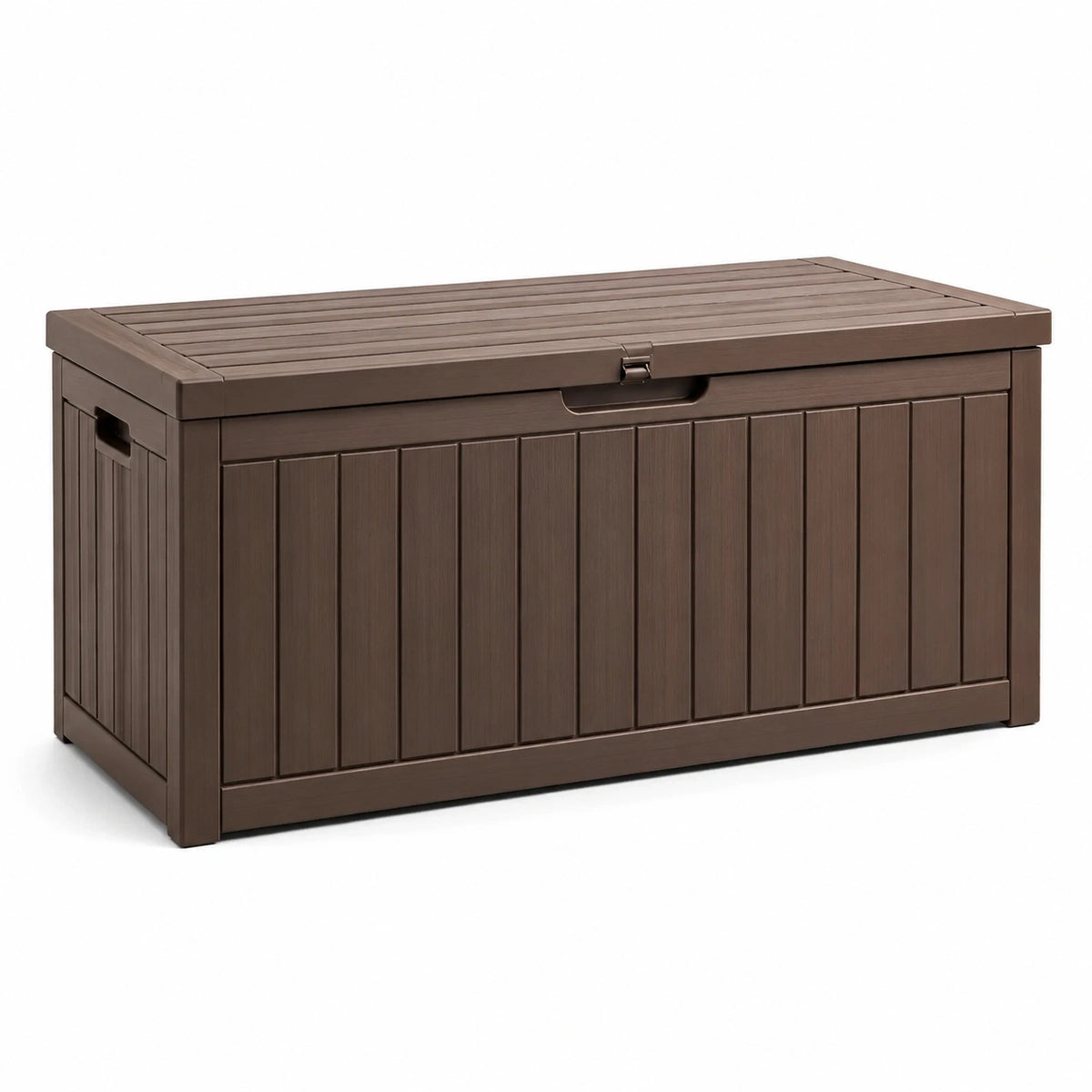 Coffre de rangement extérieur en résine brune effet bois avec couvercle à loquet, 120 x 55 x 60 cm