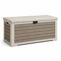 Coffre de rangement extérieur en résine beige et taupe avec fermoir noir, 120 x 55 x 60 cm