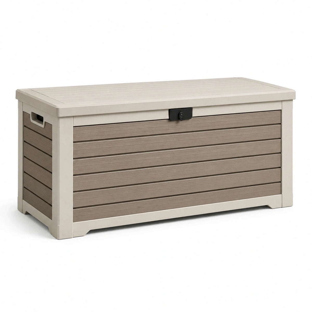Coffre de rangement extérieur en résine beige et taupe avec fermoir noir, 120 x 55 x 60 cm
