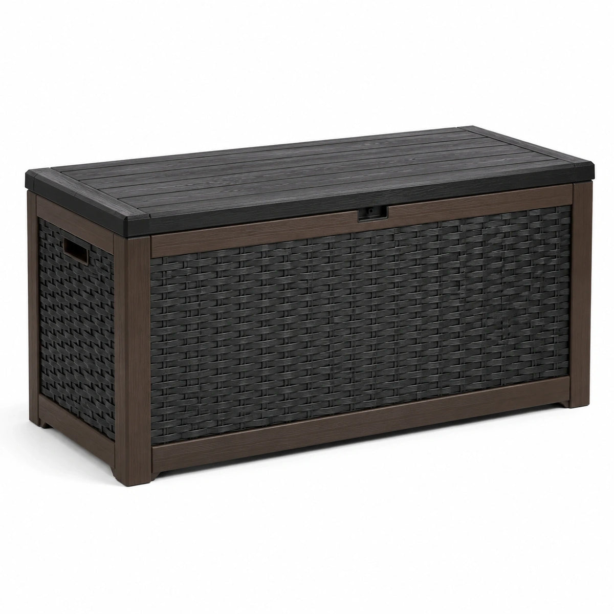 Coffre de rangement extérieur noir et marron en résine effet rotin tressé, 120 x 55 x 60 cm