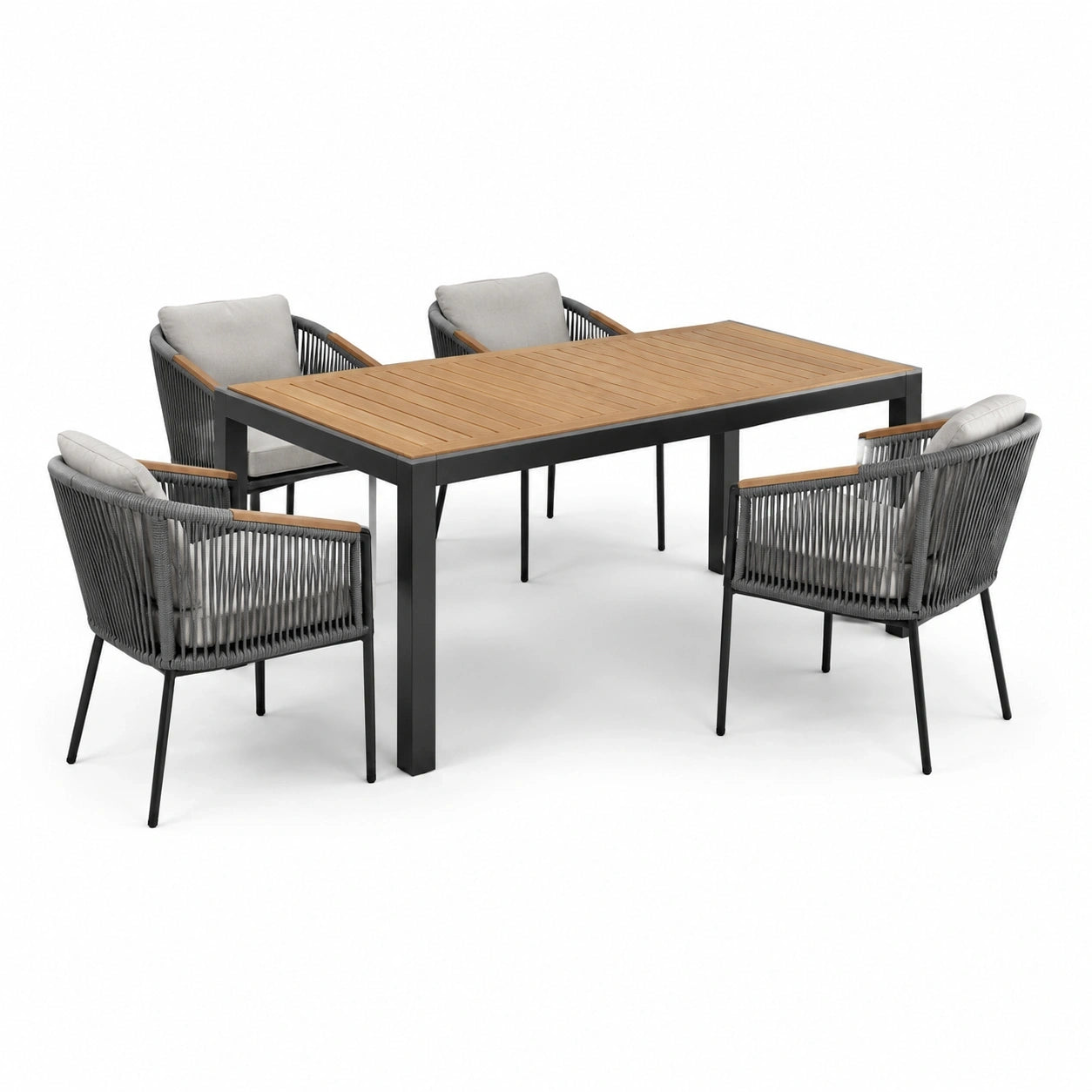 Ensemble repas de jardin 5 pièces avec table 160 x 90 x 75 cm et 4 fauteuils 58 x 60 x 82 cm, noir, gris et bois naturel