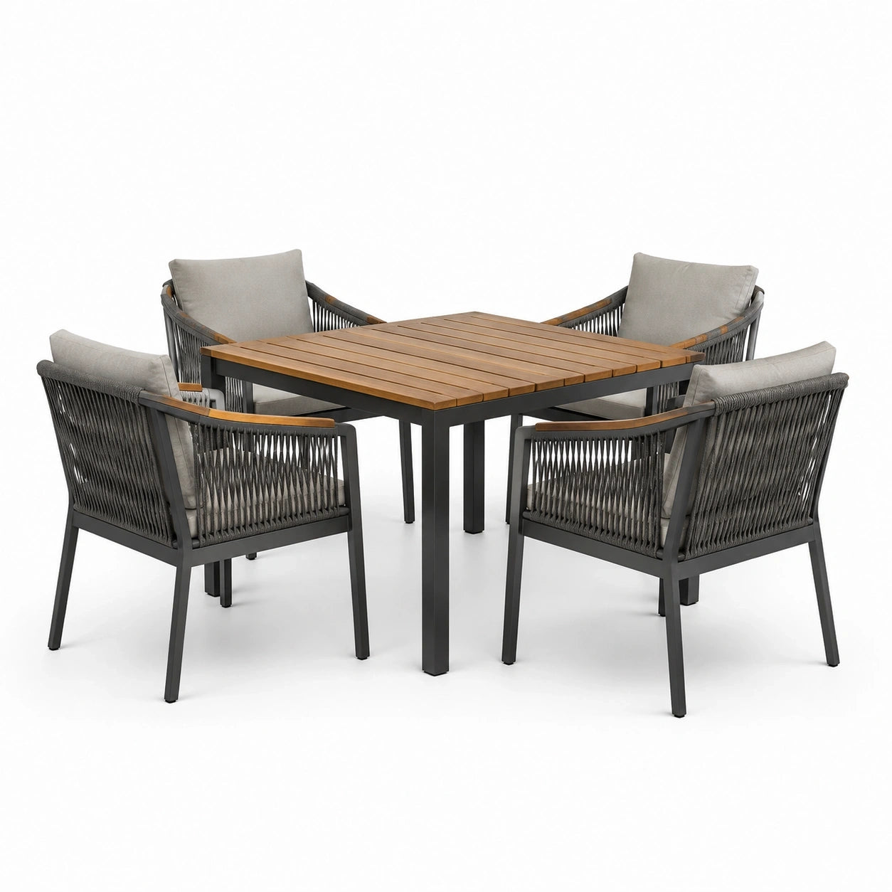 Ensemble repas de jardin 5 pièces noir, brun et gris clair avec table 100 x 100 x 75 cm et 4 fauteuils 62 x 64 x 82 cm