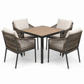 Ensemble repas de jardin 5 pièces avec table 90 x 90 x 75 cm et 4 fauteuils, noir, taupe, beige et marron clair