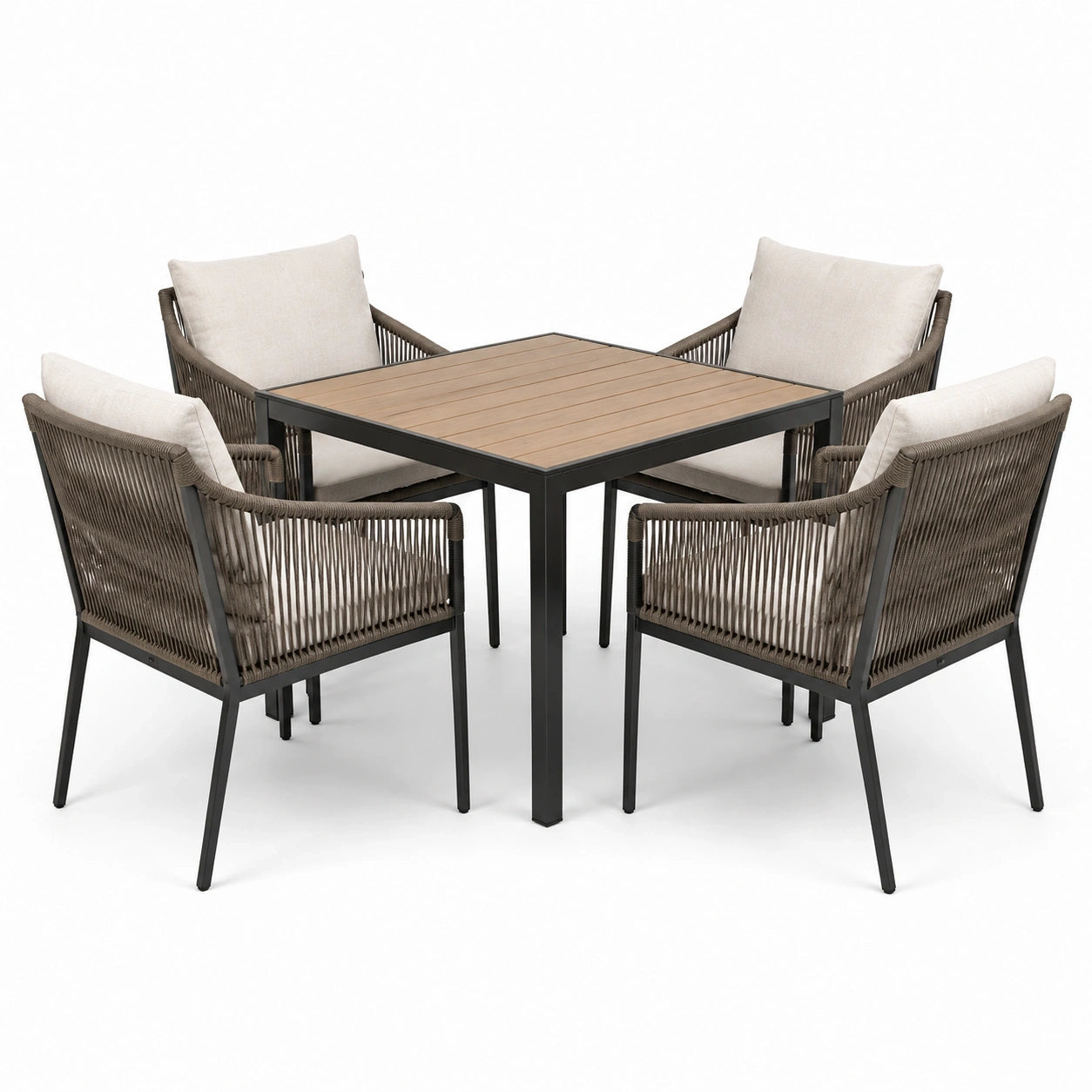 Ensemble repas de jardin 5 pièces avec table 90 x 90 x 75 cm et 4 fauteuils, noir, taupe, beige et marron clair