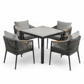 Ensemble repas de jardin 5 pièces pour 4 personnes, table 100 x 100 x 75 cm et fauteuils 60 x 64 x 82 cm, noir, gris et brun