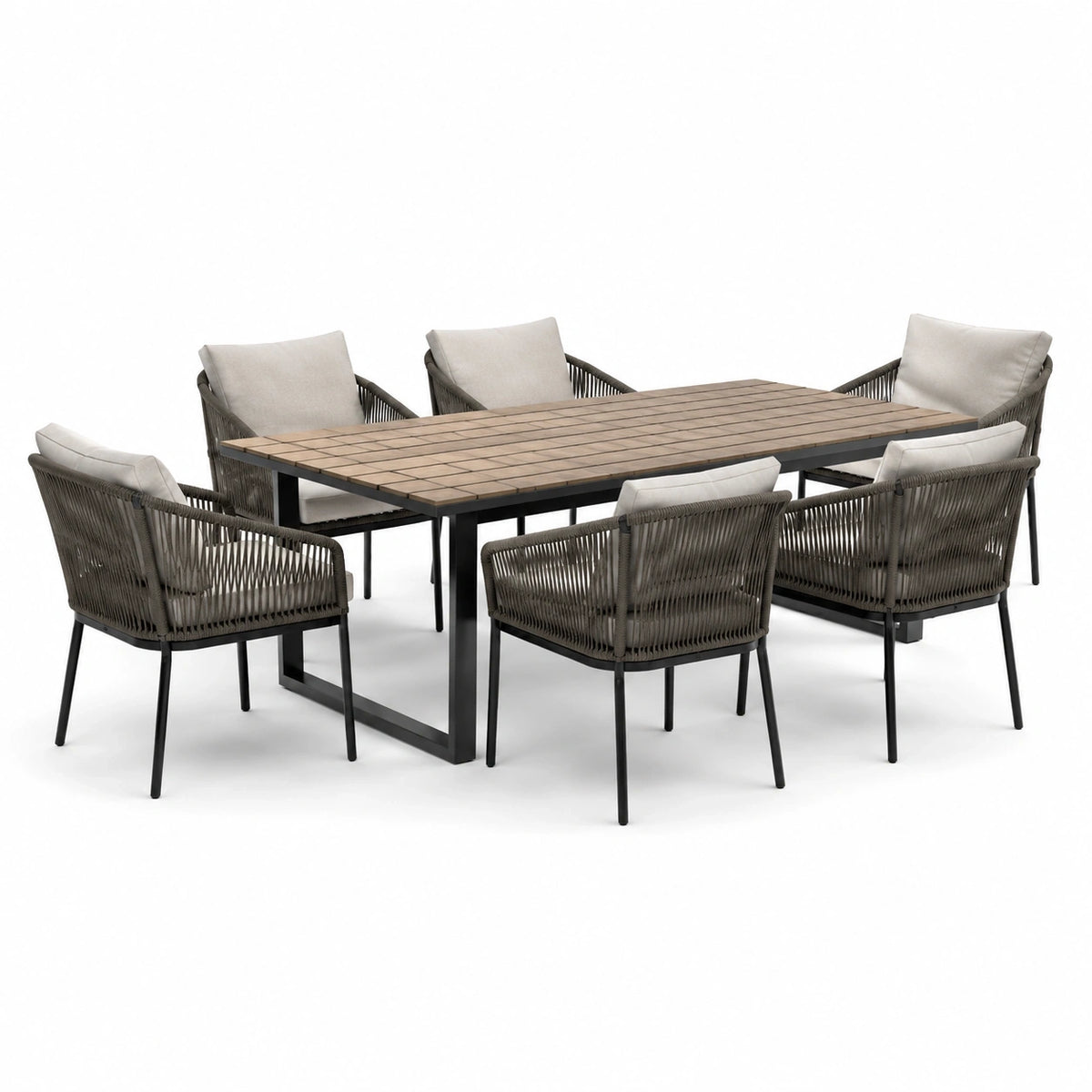 Ensemble repas extérieur 7 pièces avec table 180 x 90 x 75 cm et 6 fauteuils, beige, taupe, noir et marron