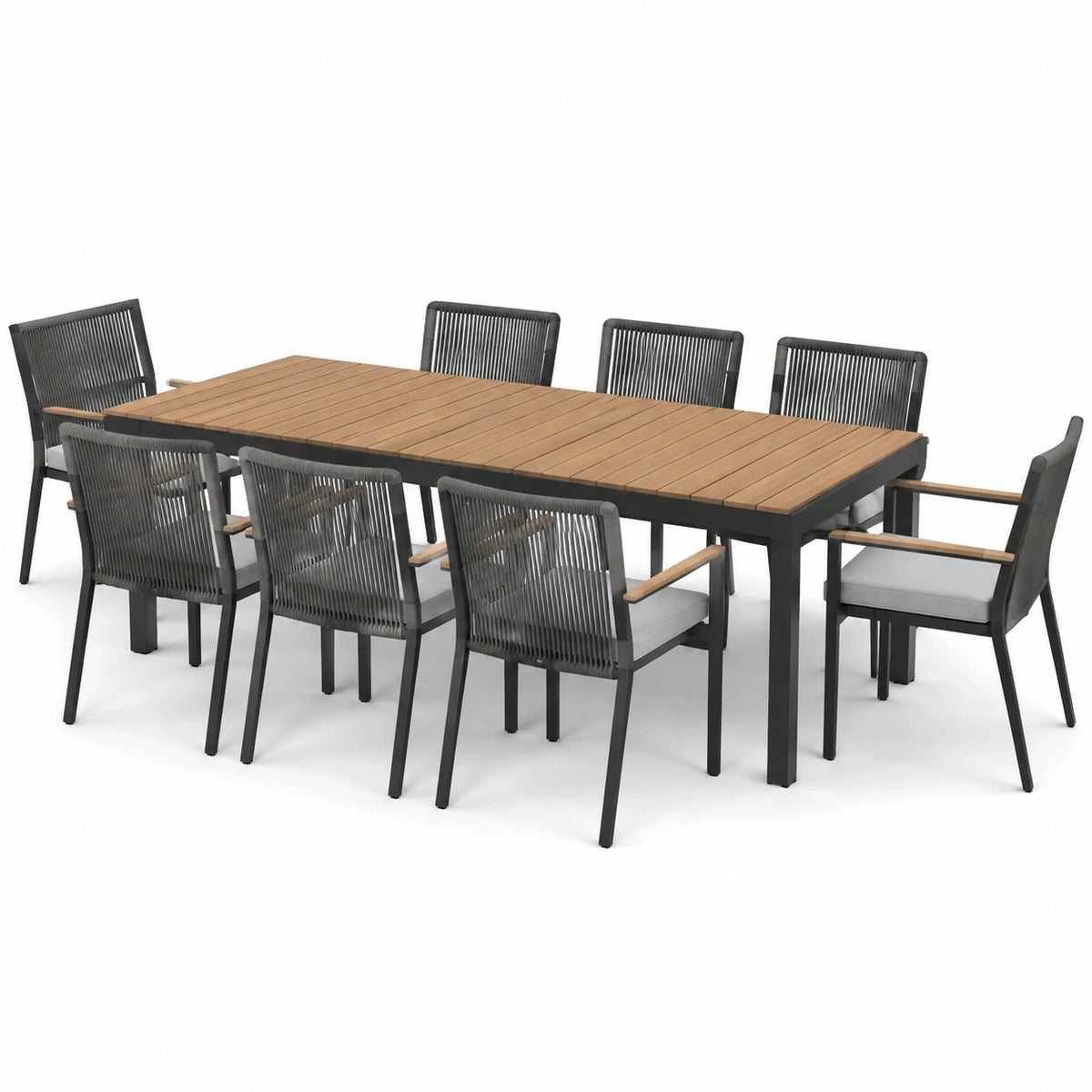 Ensemble repas de jardin 9 pièces noir, marron et gris avec table 220 x 100 x 75 cm et 8 fauteuils 58 x 62 x 88 cm