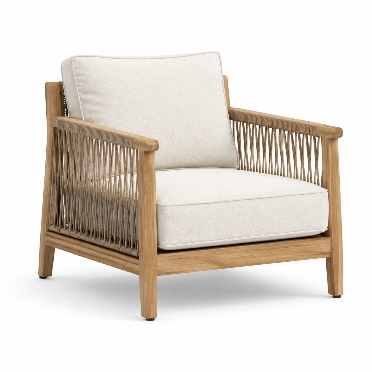 Fauteuil de détente contemporain en bois clair, corde beige et tissu écru, 76 x 82 x 78 cm