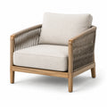 Fauteuil contemporain en bois naturel, corde tressée taupe et tissu beige, 78 x 82 x 83 cm