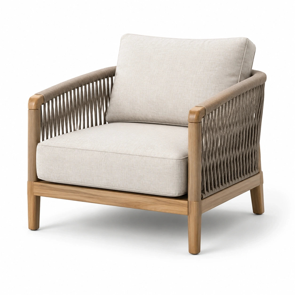Fauteuil contemporain en bois naturel, corde tressée taupe et tissu beige, 78 x 82 x 83 cm