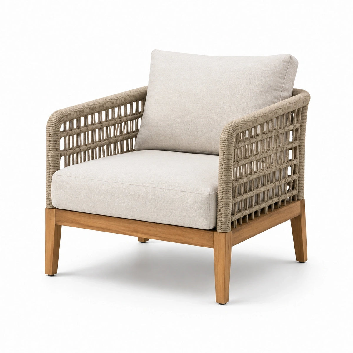 Fauteuil contemporain en bois naturel et corde tressée beige, 76 x 78 x 82 cm