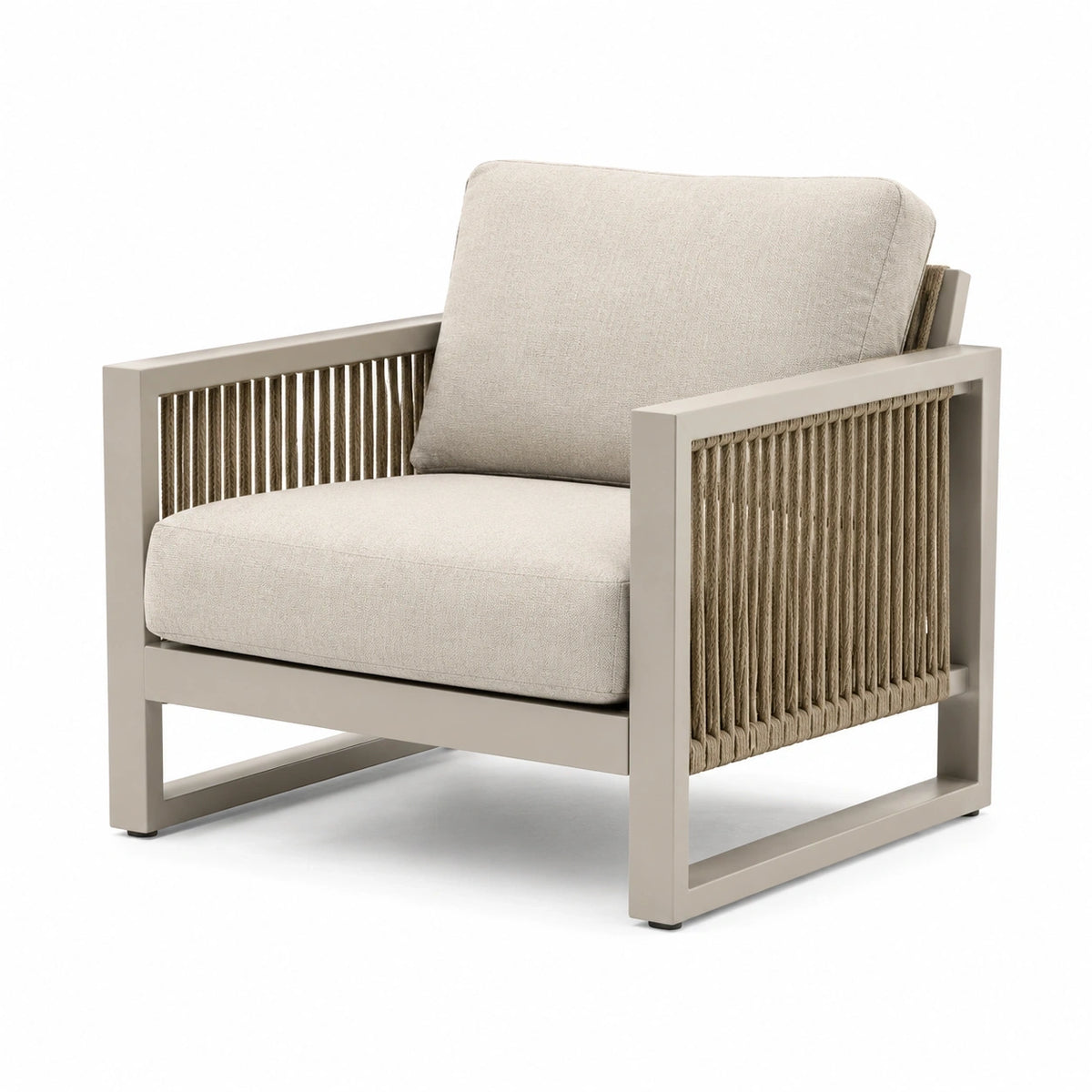 Fauteuil de jardin contemporain en métal taupe et corde tressée beige, 78 x 80 x 78 cm