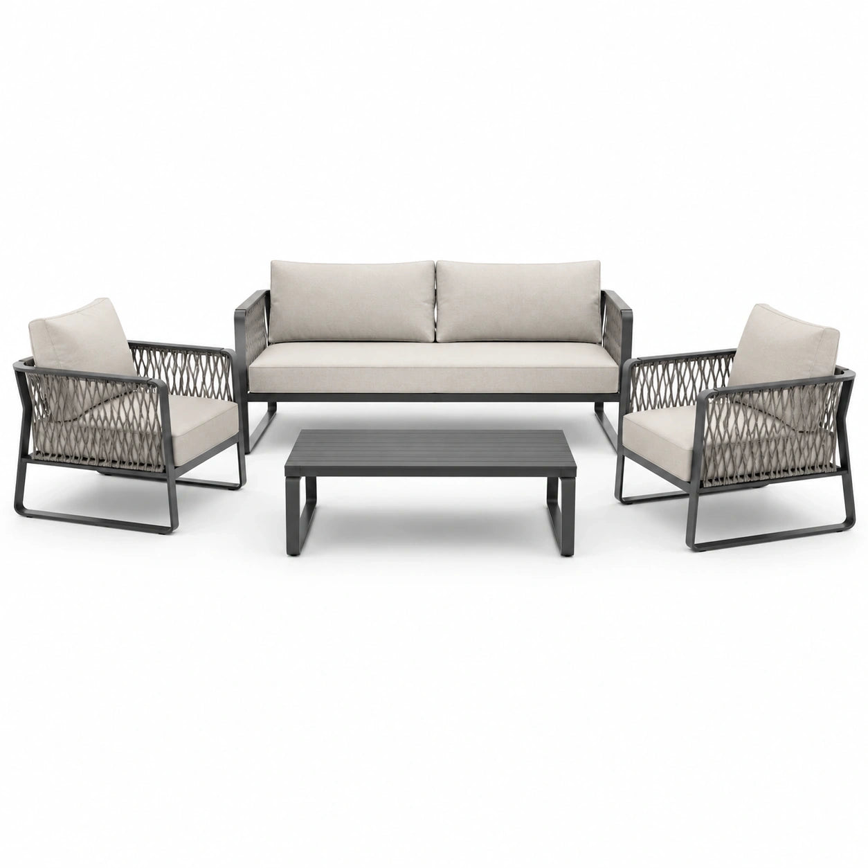 Salon de jardin 4 pièces gris anthracite et beige avec canapé 180 x 76 x 76 cm, 2 fauteuils 76 x 76 x 76 cm et table 100 x 55 x 38 cm