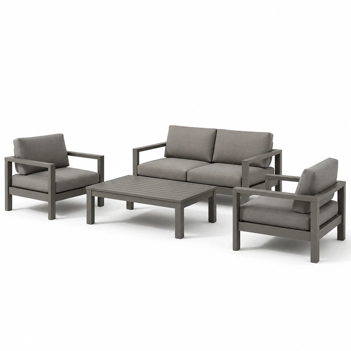 Ensemble de jardin contemporain 4 pièces gris – canapé 132 x 76 x 78 cm, fauteuils 72 x 76 x 78 cm, table 100 x 60 x 39 cm