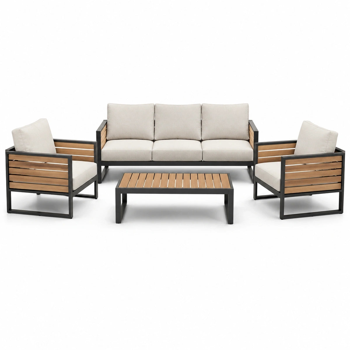 Salon de jardin 4 pièces beige, noir et brun – canapé 190 x 75 x 78 cm, fauteuils 72 x 75 x 78 cm et table 100 x 55 x 40 cm