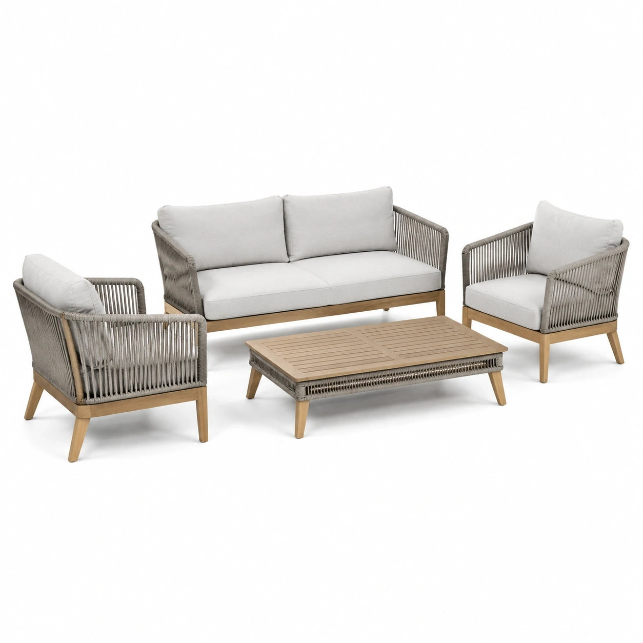 Ensemble 4 pièces en bois naturel, cordage taupe et coussins gris clair – canapé 154 x 78 x 78 cm, fauteuils 76 x 78 x 78 cm, table 110 x 60 x 38 cm