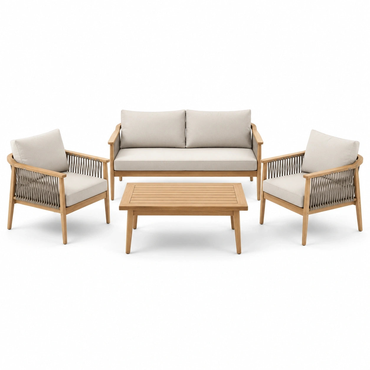 Salon de jardin 4 places beige, bois naturel et gris taupe avec canapé 160 x 78 x 80 cm, 2 fauteuils 72 x 78 x 80 cm et table 100 x 55 x 40 cm