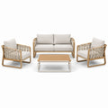 Salon de jardin 4 pièces beige, marron clair et blanc avec canapé 132 x 75 x 76 cm, fauteuils 70 x 75 x 76 cm et table 100 x 55 x 38 cm