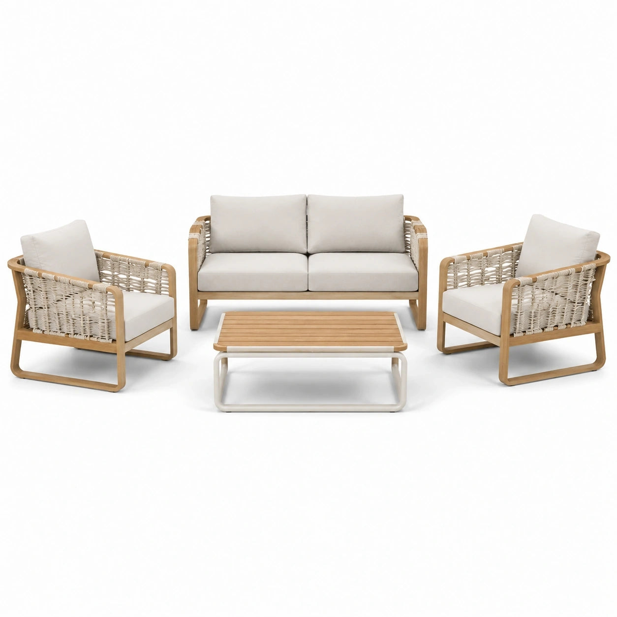 Salon de jardin 4 pièces beige, marron clair et blanc avec canapé 132 x 75 x 76 cm, fauteuils 70 x 75 x 76 cm et table 100 x 55 x 38 cm