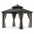 Pavillon de jardin en métal anthracite avec toit rigide et rideaux taupe, 300 x 300 x 290 cm