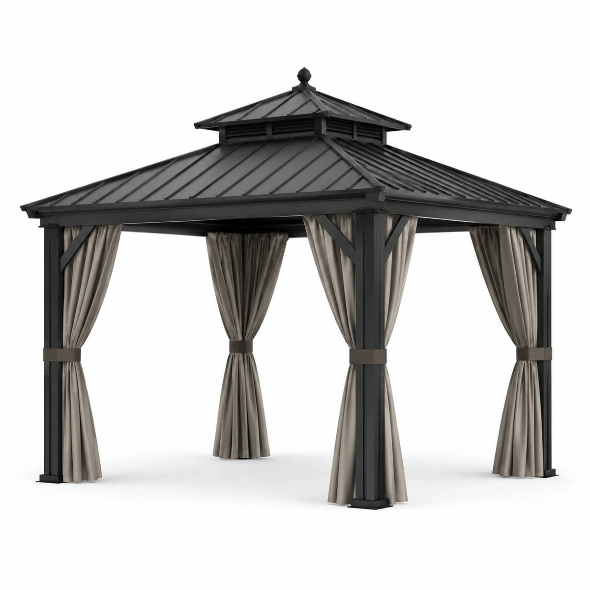 Pavillon de jardin en métal anthracite avec toit rigide et rideaux taupe, 300 x 300 x 290 cm