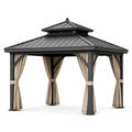 Pavillon de jardin en métal anthracite avec rideaux beiges et toit rigide ventilé, 300 x 300 x 280 cm