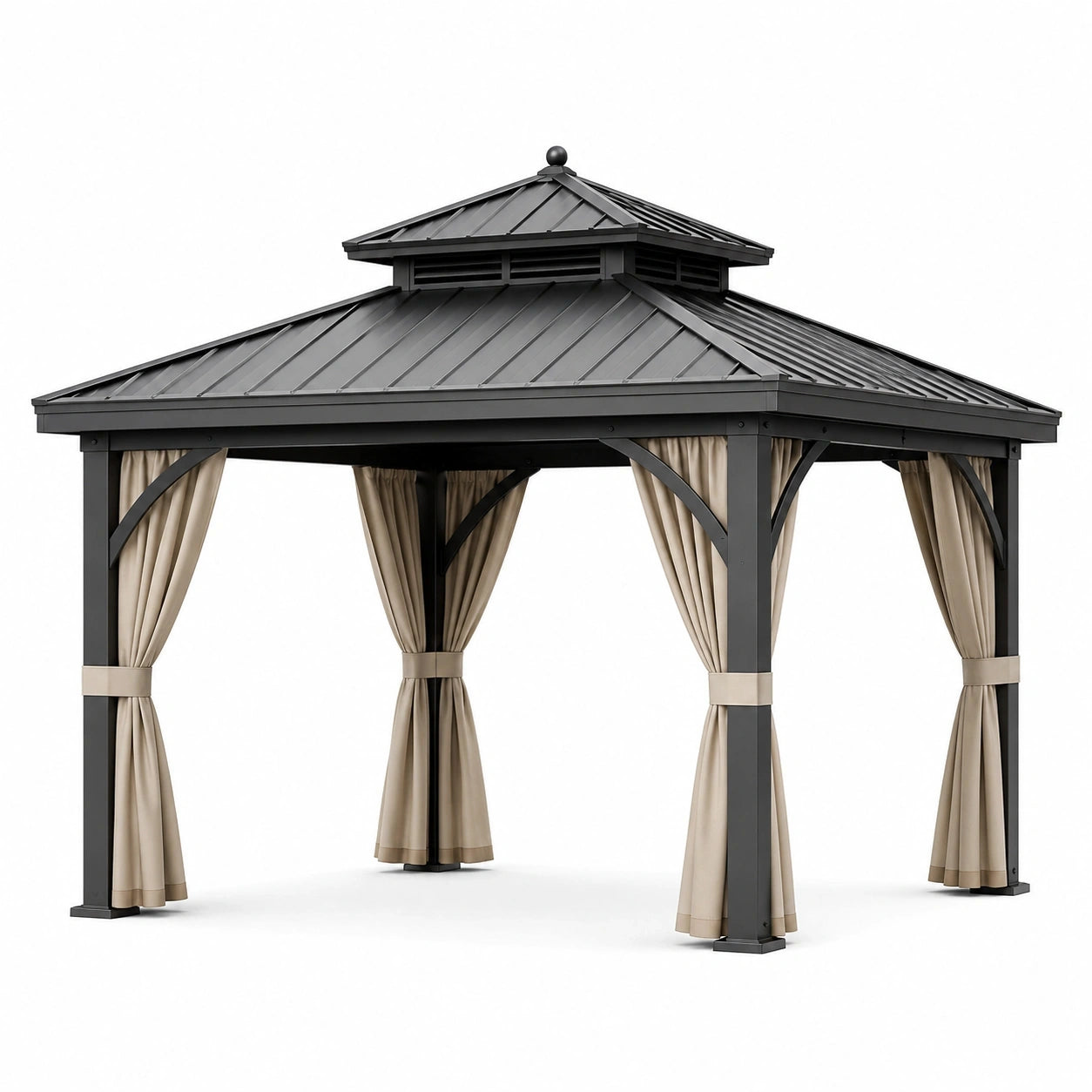 Pavillon de jardin en métal anthracite avec rideaux beiges et toit rigide ventilé, 300 x 300 x 280 cm